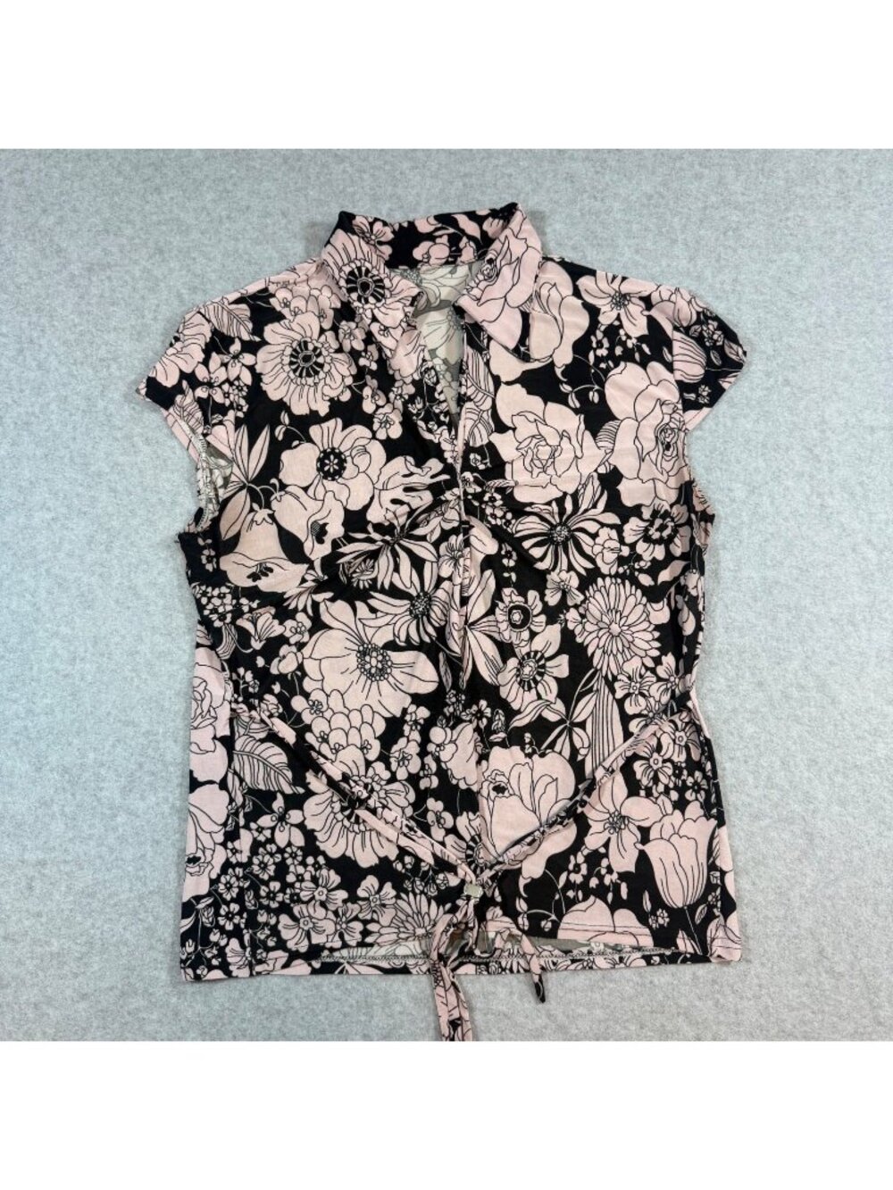 Talbots Women’s Size 6 Floral Tie Front Blouse Pink Black Short Sleeve Stretch T